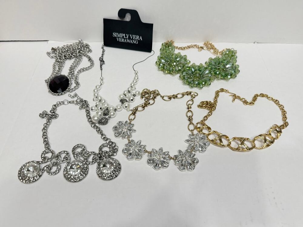 6 Pc Statement Necklace Lot Simply Vera Vera Wang Crystal Pearl Gold Silver